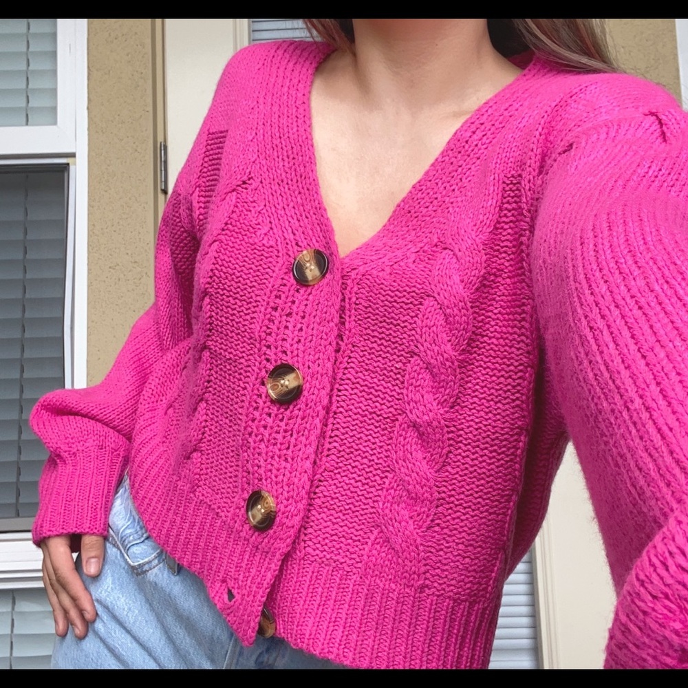 AMAZING Hot Pink Chunky Knit Cardigan with Balloon Arm Sleeves
